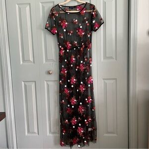 RD+KoKo Black Sheer Overlay Floral Maxi Dress Womens Med Short Sleeve Whimsigoth